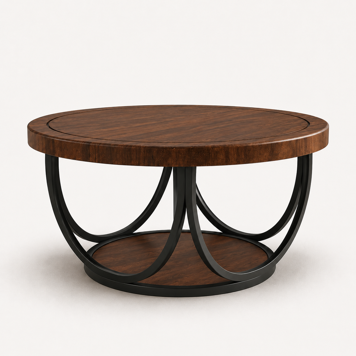 Table basse ronde en bois Ø 80cm structure métal noir incurvé - Harlow