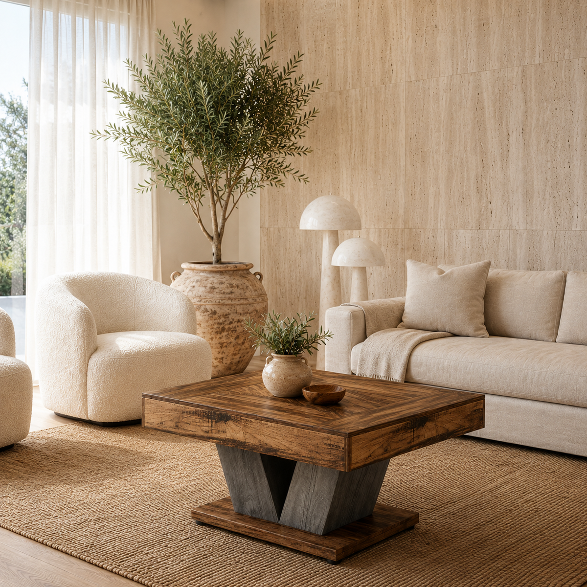 Table basse bois massif Thalar dans un salon quiet luxury avec mur en travertine Image
