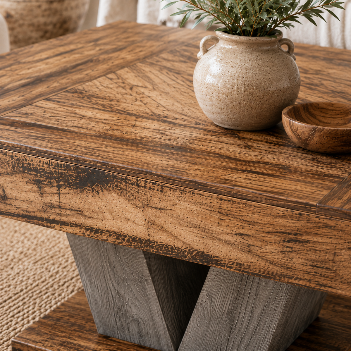 Table basse Thalar, détail structure en V et veinage bois massif