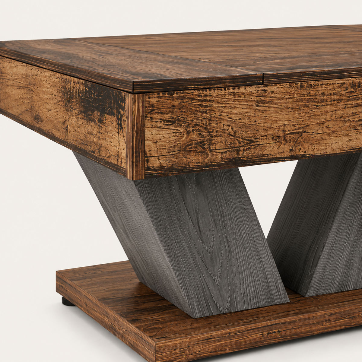 Table basse bois massif Thalar, structure bicolore bois et gris sur fond neutre