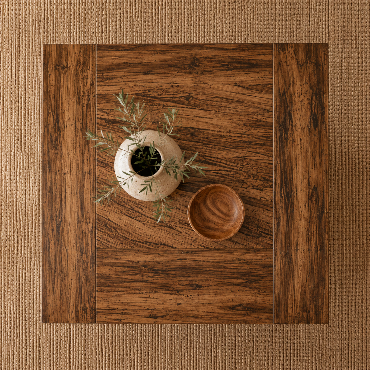 Table basse bois massif Thalar, vue du dessus avec vase et bol sur tapis jute