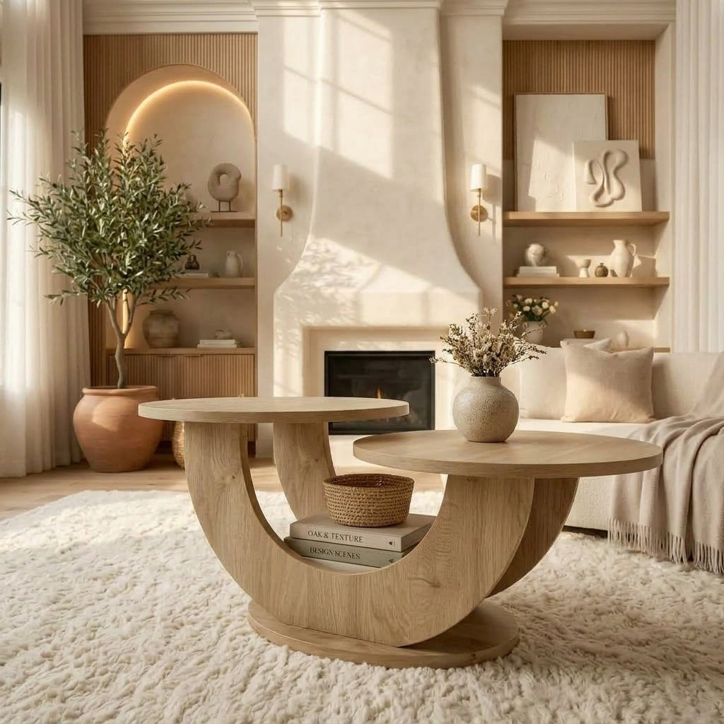 Table basse bois Lunaris avec rangement ouvert sous les courbes