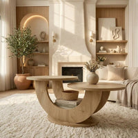 Table basse bois Lunaris avec rangement ouvert sous les courbes