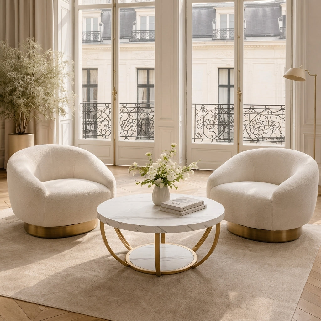 Table basse ronde Ø 80cm effet marbre dans un salon parisien lumineux — Aurea