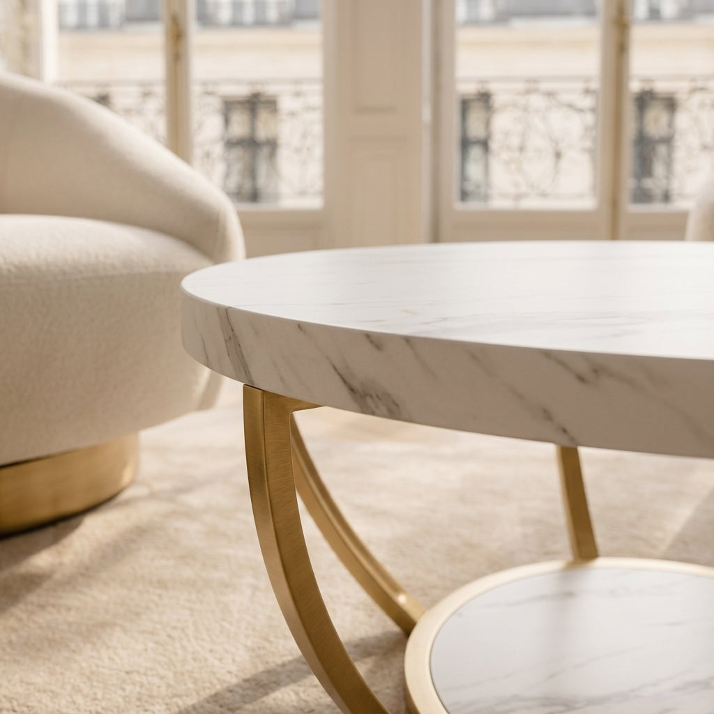 Table basse ronde Aurea, détail du plateau effet marbre et de la structure métal dorée