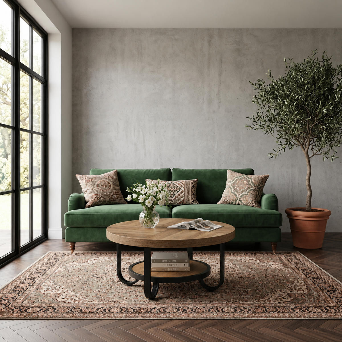 Table basse ronde Osford en bois dans un salon 