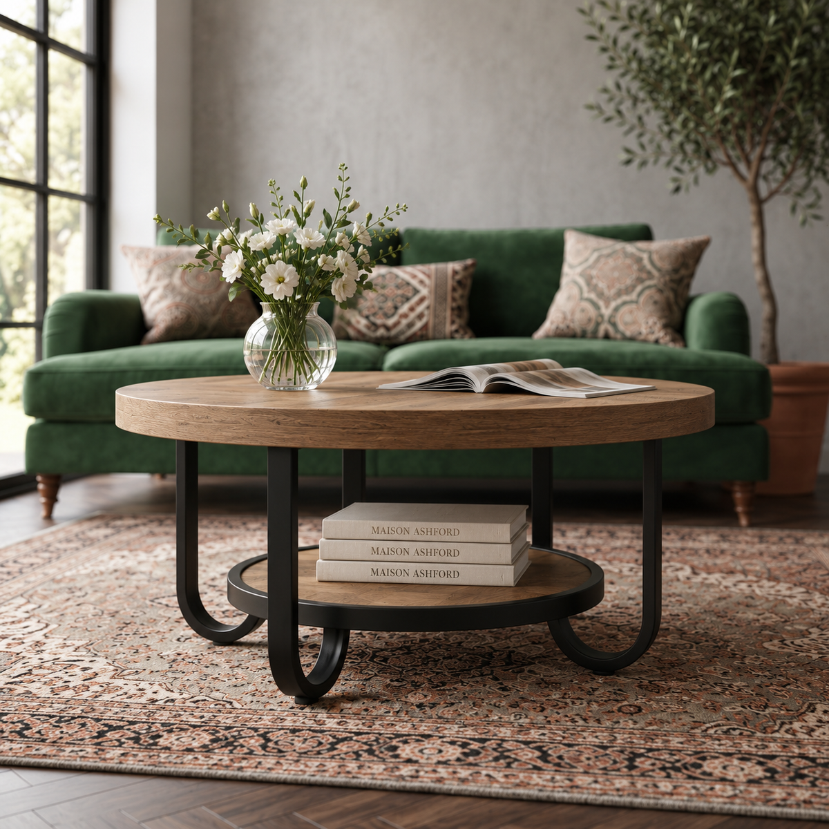 Table basse ronde Osford en bois, plateau inférieur de rangement
