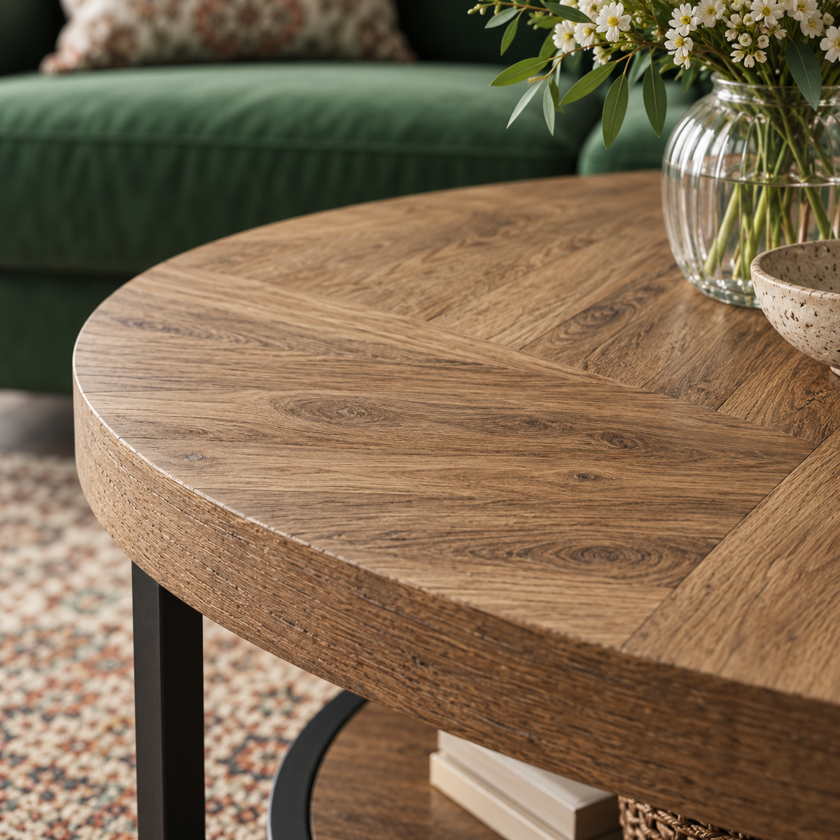 Table basse ronde Osford en bois, détail du grain du plateau