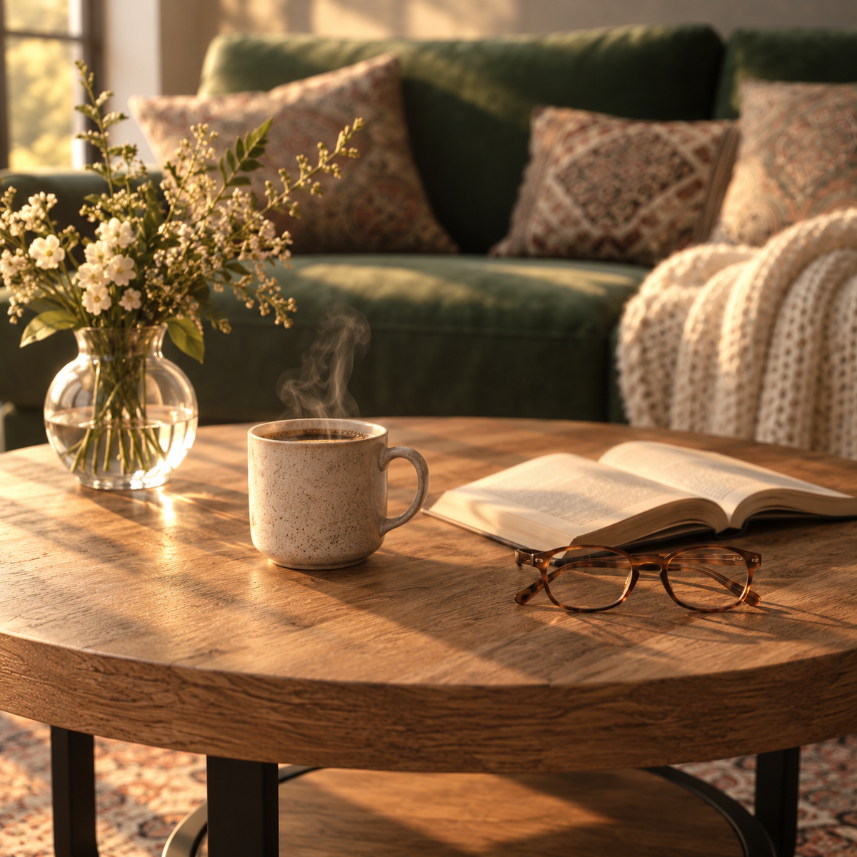 Table basse ronde Osford en bois avec une tasse et un livre posés sur le plateau