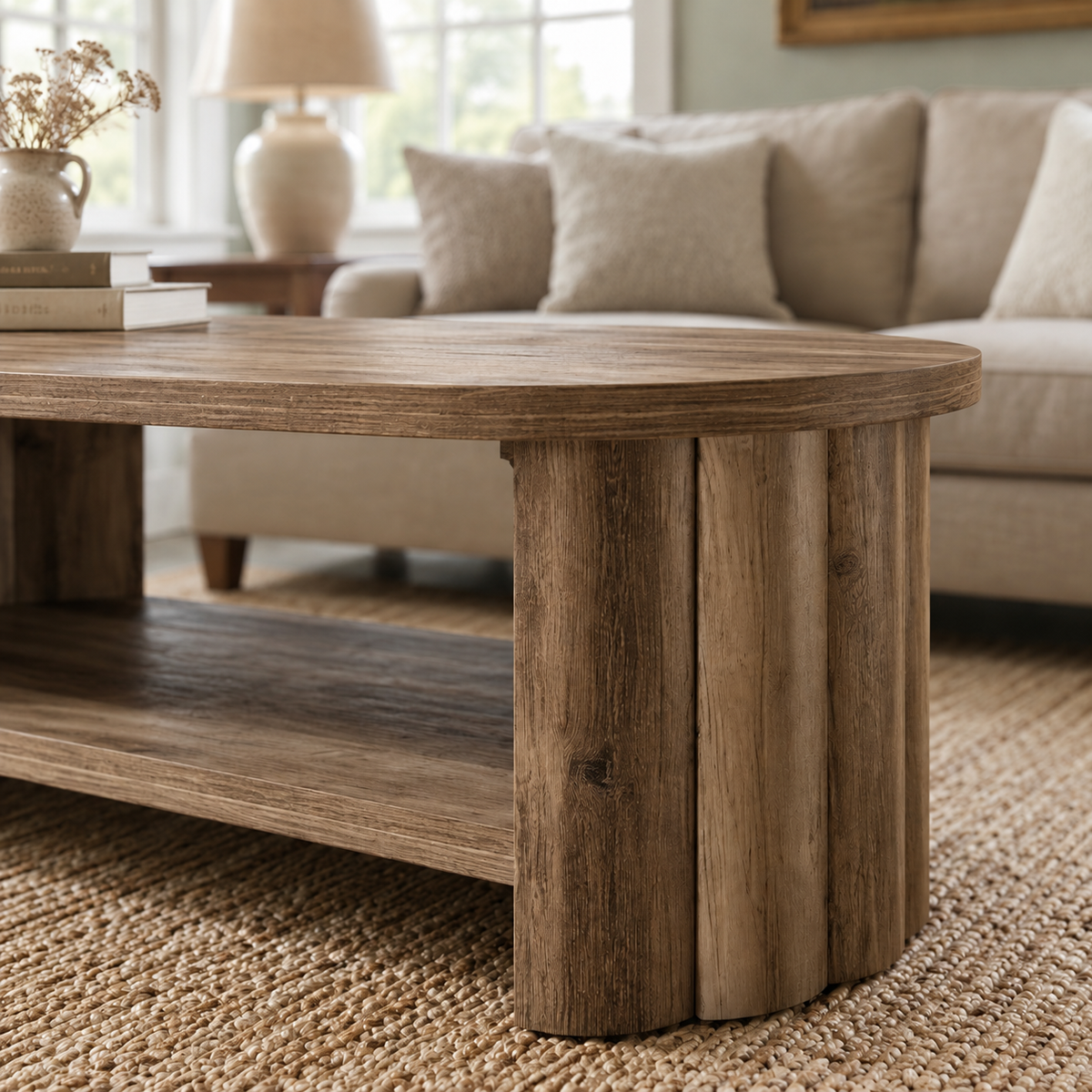 Table basse bois Athéna, gros plan sur le pied cannelé