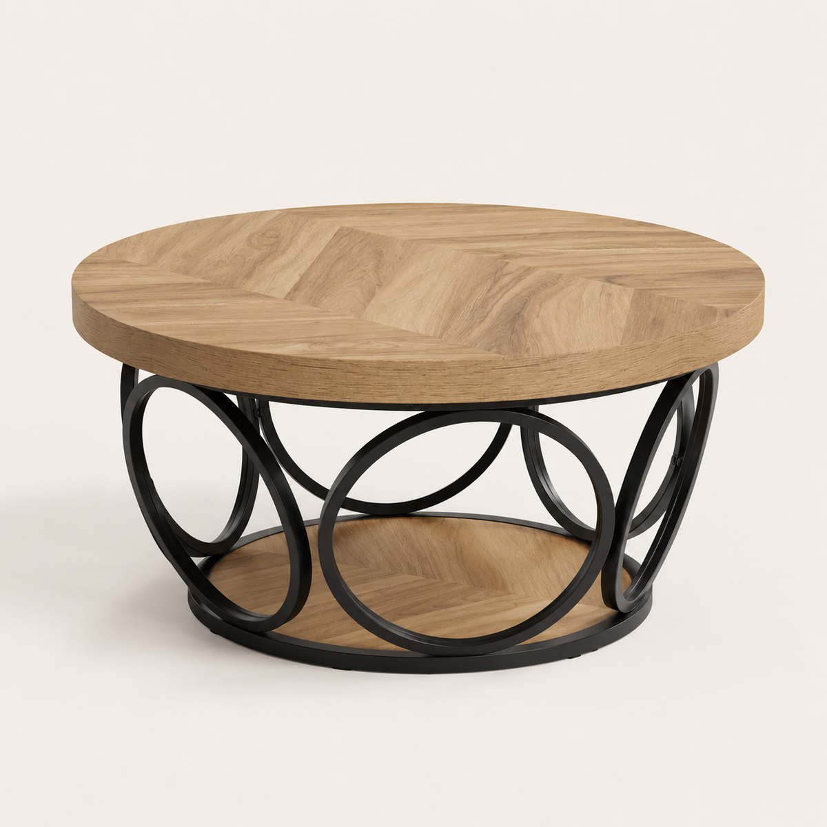 Table basse ronde Ashby, bois et anneaux métalliques - Maison Ashford