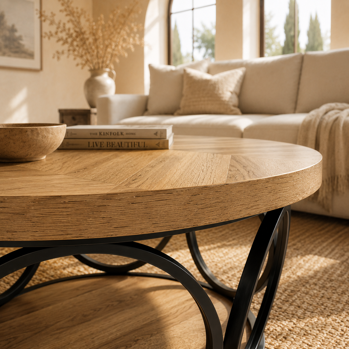 Table basse ronde Ashby, texture bois et structure métal