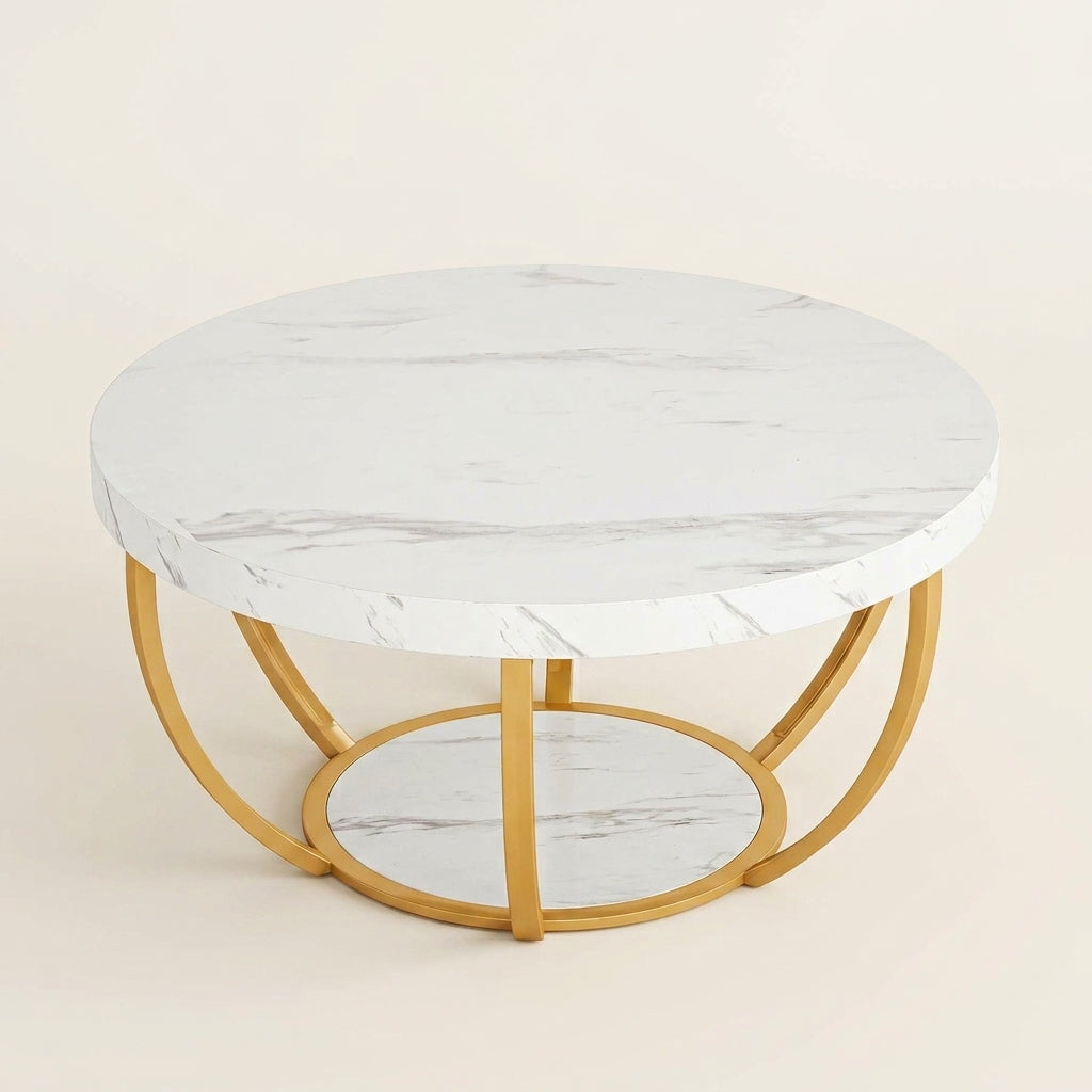 Table basse ronde Ø 80cm plateau effet marbre blanc et structure dorée — Aurea