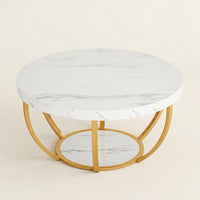 Table basse ronde Ø 80cm plateau effet marbre blanc et structure dorée — Aurea