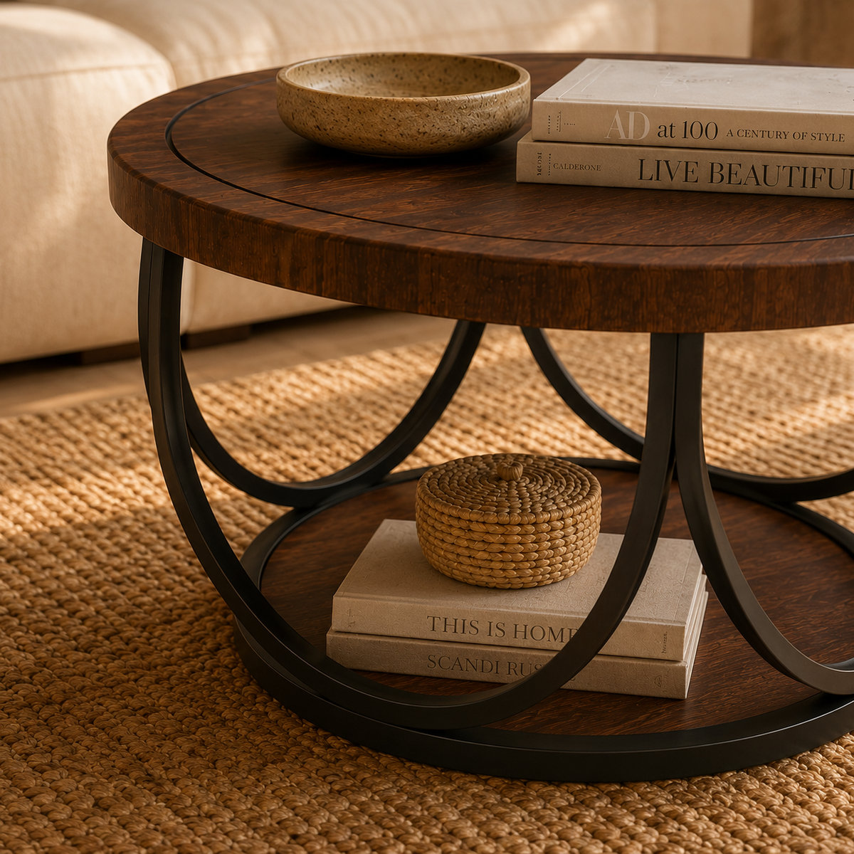 Table basse ronde en bois avec rangement à 2 niveaux - Harlow