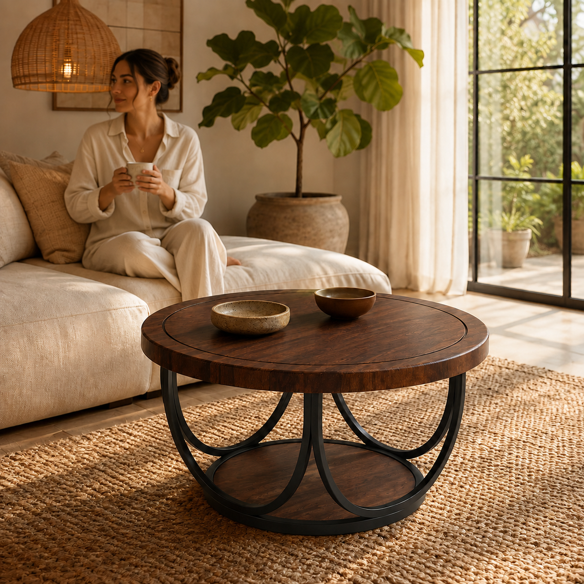 Table basse ronde en bois dans un salon cosy avec canapé lin - Harlow