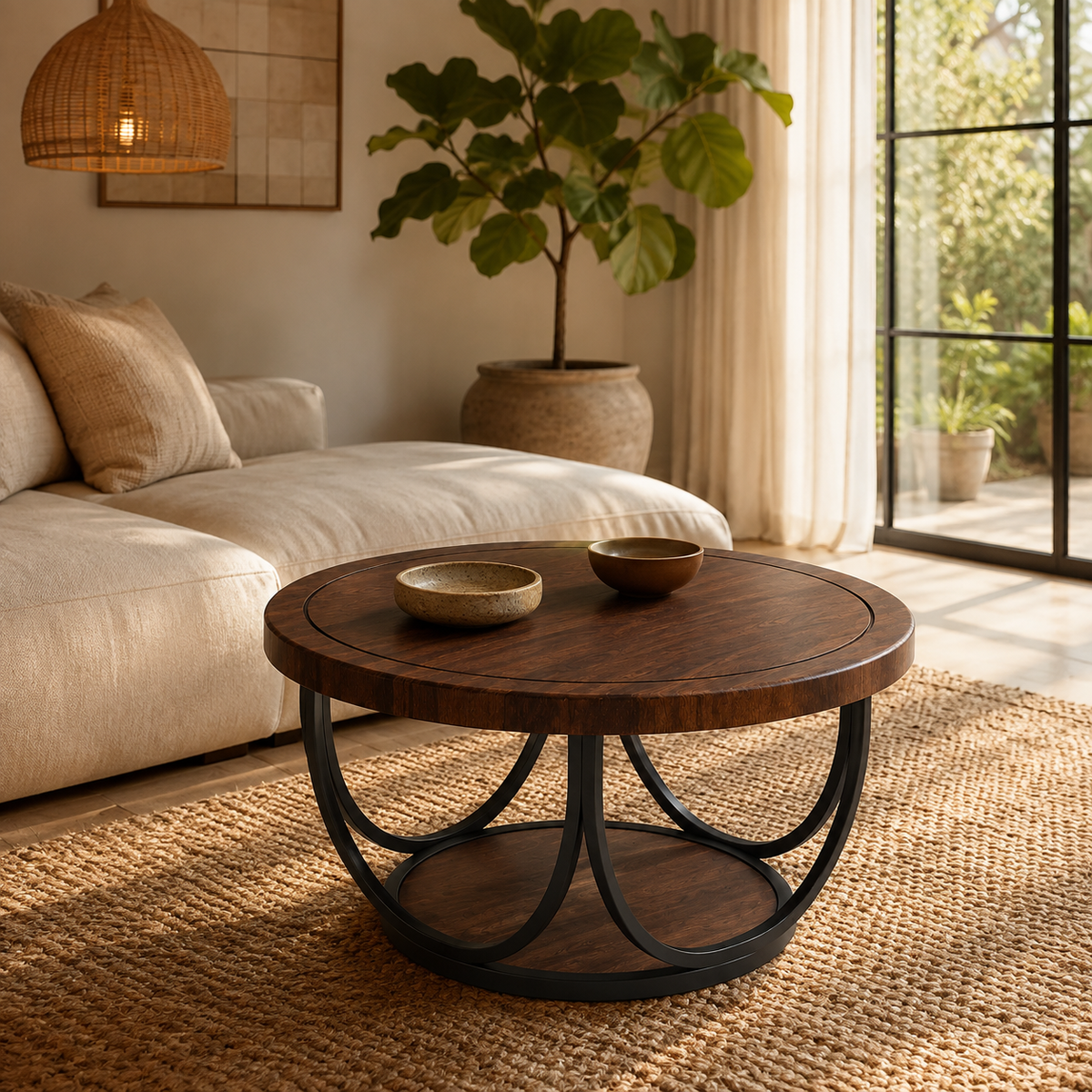 Table basse ronde en bois dans un salon lumineux - Harlow