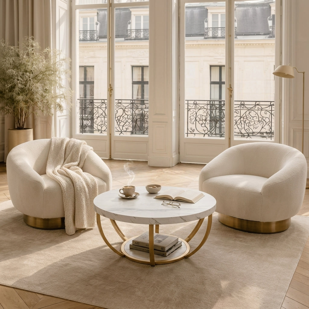 Table basse ronde Ø 80cm avec café, livre et plaid dans un salon — Aurea